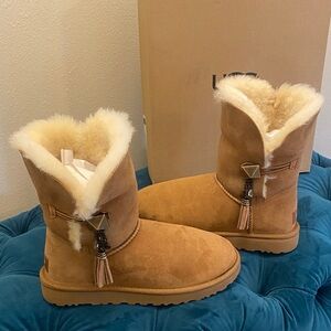 Ugg Liou chestnut boots with Swarovski crystal bead and fringed tassel